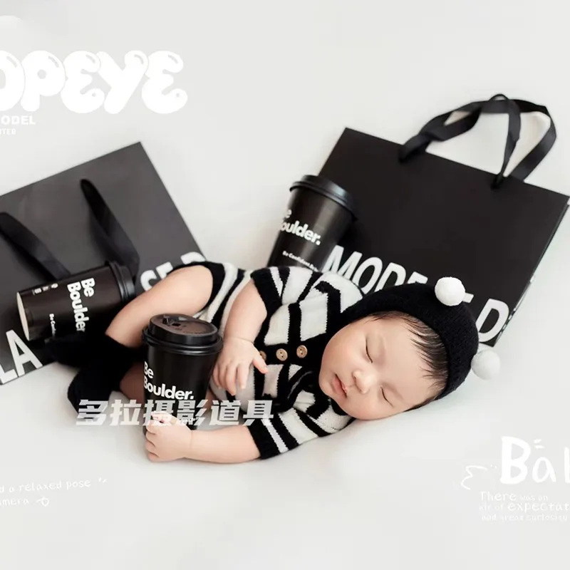 ❤️Newborn Photography Clothing Hat+Jumpsuit+Socks+Shopping Bag+Paper Cups Studio Baby Photo Props Accessories Clothes Outfits