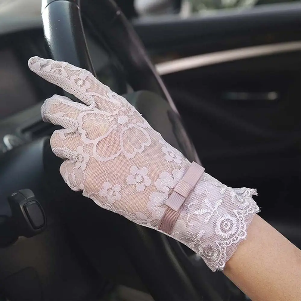 Guantes finos a prueba de sol para mujer, manoplas de encaje con lazo para fiesta de conducción, pantalla táctil, cinco dedos