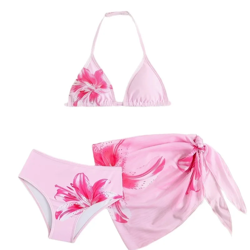 7-16Yrs Girls Bikinis Suits UNITIM Summer Flower Printed Two-piece Swimsuits Teen Girls' Bikini Swimwear Set 3pcs Bathing Suits