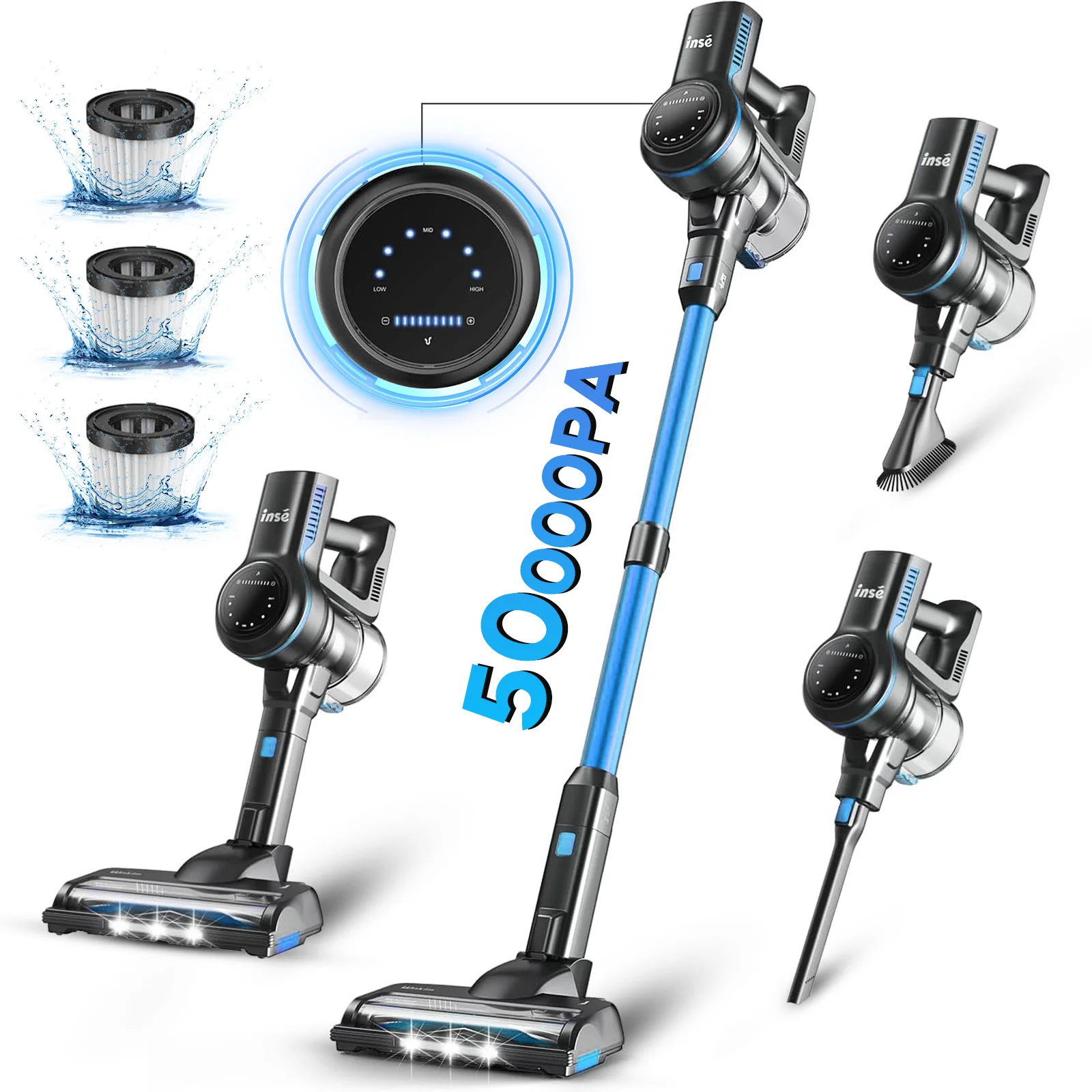 INSE S7P Draadloze Stofzuiger, 465W 45KPA Draadloze Stofzuiger met Zuigkracht, 8*2200mAh Batterij, 50000Pa Sterke Zuigkracht, 45-60 minuten Gebruiksduur, 1.2L