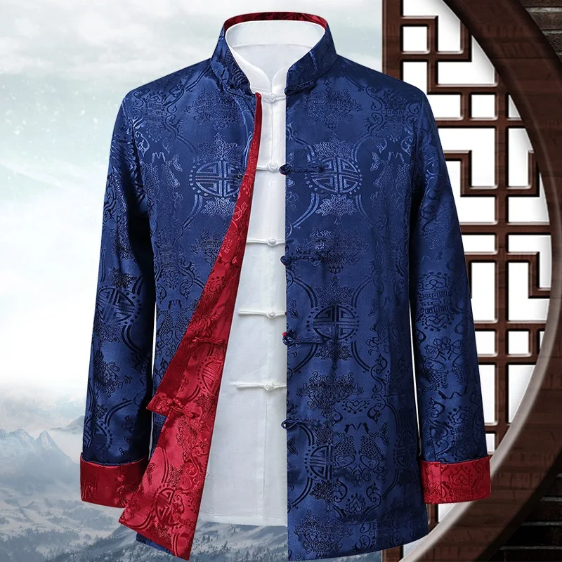 Traditional Chinese Style Jackets Men Kung Fu Tai Chi Master Costume Satin Silk Double Sided Tang Clothes Top Long Sleeved Coats