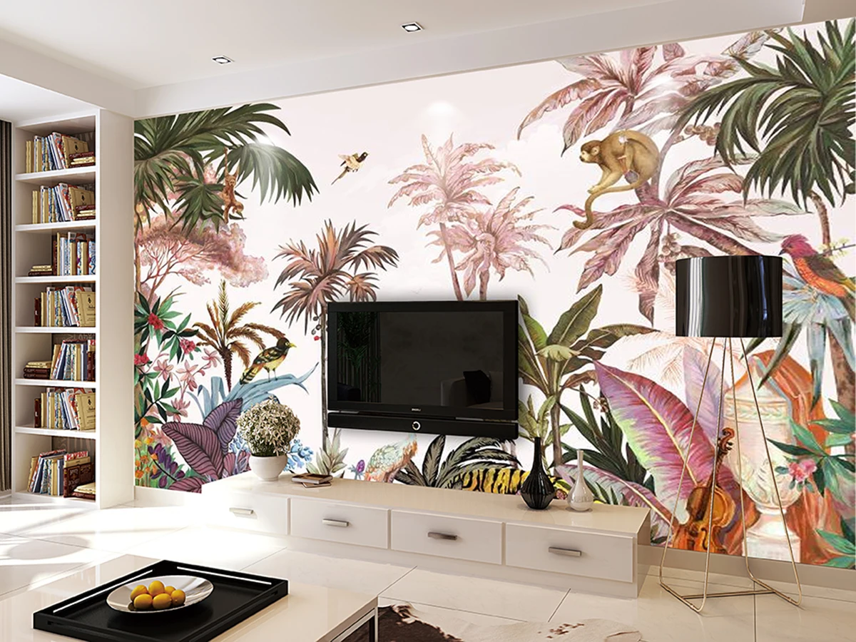 Custom Safari Removable 3d Wallpaper Non woven tropical wall mural Tropical Jungle Animals 5D flower mural wallpaper