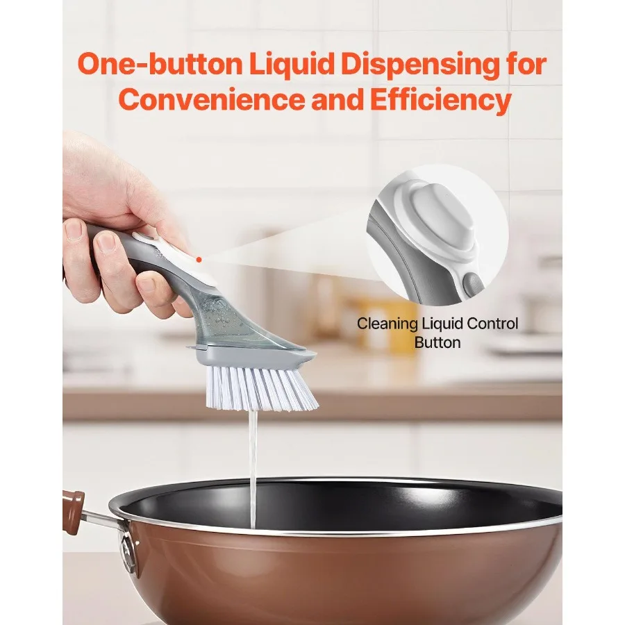 فرشاة تنظيف الأطباق لتوزيع الصابون مع 3 فرش لتنظيف الأطباق مع مقبض PP وشعيرات منحنية مثالية