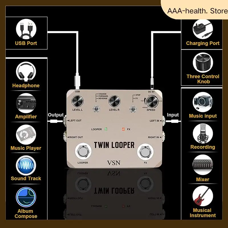 

VSN Twin Looper Electric Guitar Effect Pedal Loop Station Box 11 Types Play Modes Stereo Input/Output 10 Mins Recording-AA