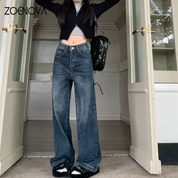 ZOENOVA American Fashion Women's High Waist Dark Blue Straight Jeans Casual Loose Wide Leg Pants 2024 Spring New Denim Trousers