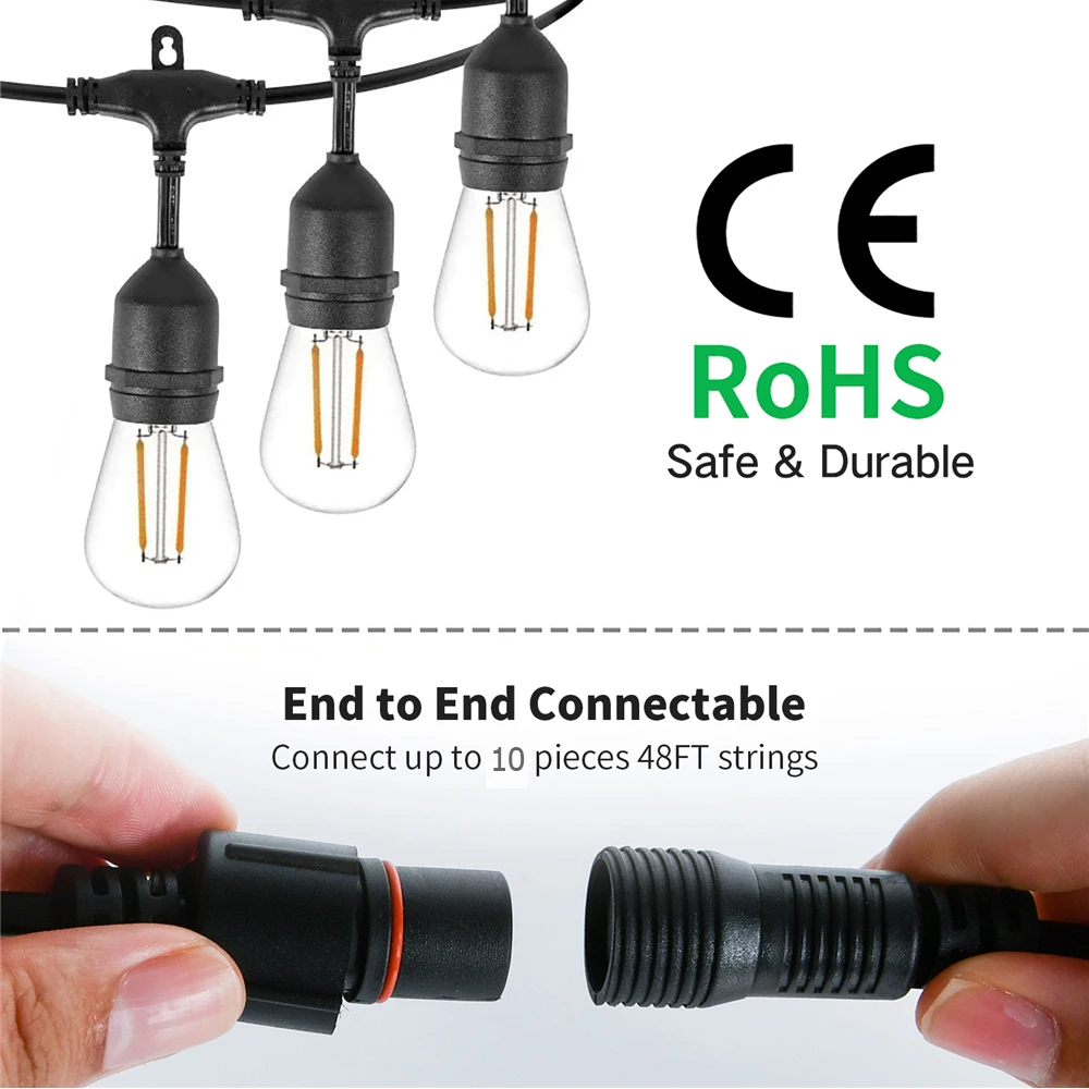 LED String Light 48FT 15Bulbs IP65 Waterproof Patio Outdoor Decoration String Light For Wedding Party