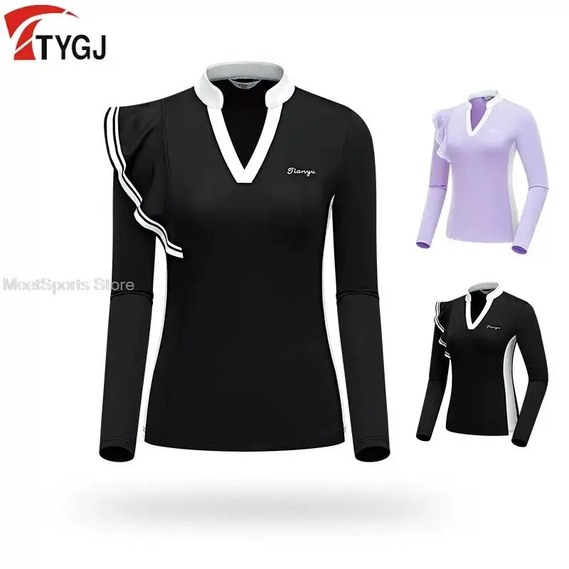 

TTYGJ женская футболка с солнцезащитным кремом для гольфа и длинными рукавами, весенне-осенний топ с v-образным вырезом и рюшами, женские дышащие рубашки для гольфа, одежда для гольфа