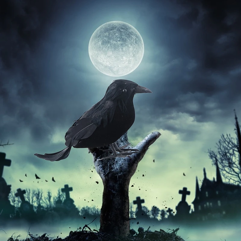 【F】1PC Halloween Black Crow Props Realistic Raven Spooky Feathered Crows House Decor