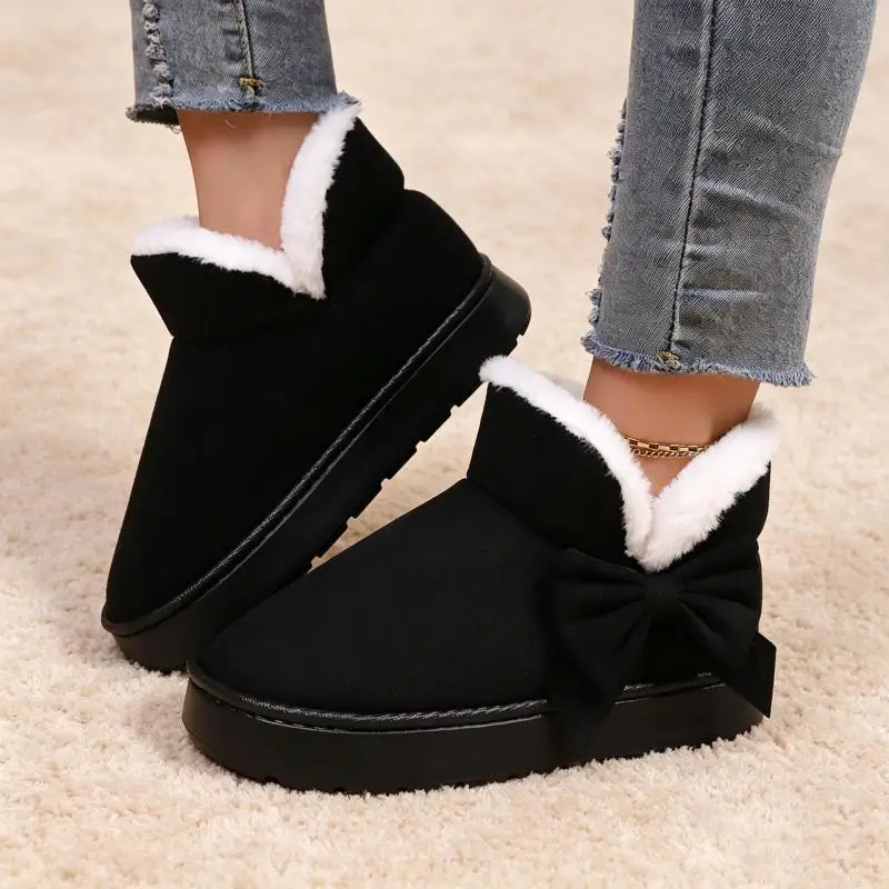 Rosa Schleifenstiefel mit Fleecefutter, Plateau-Schneestiefel für Damen, Winter-Outdoor-Stiefel mit dicker Sohle, Slip-On-Kurzstiefel für Damen, Übergrößen-Plüschstiefeletten – Detail 7