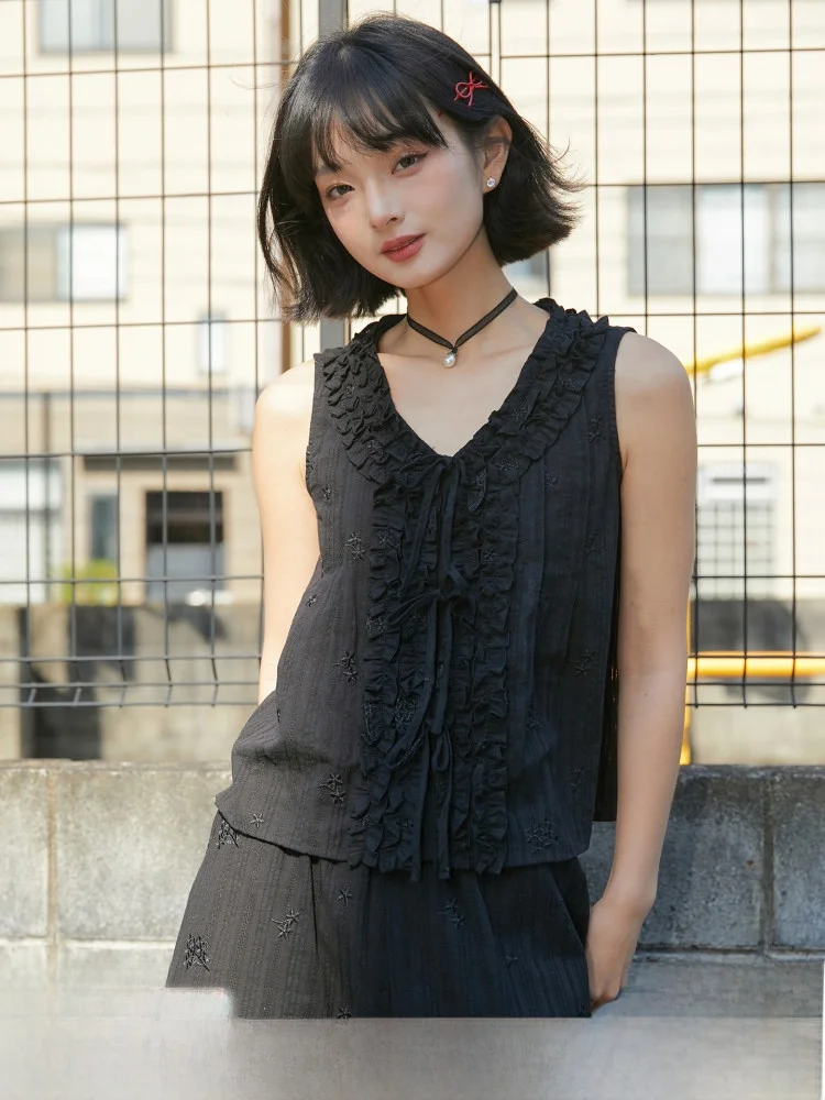 

Bla Stripe Small Flower Embroidery Svel irt Women Summer V-ne Earlet Lace Trim Belted Original Design Cotton Blouse