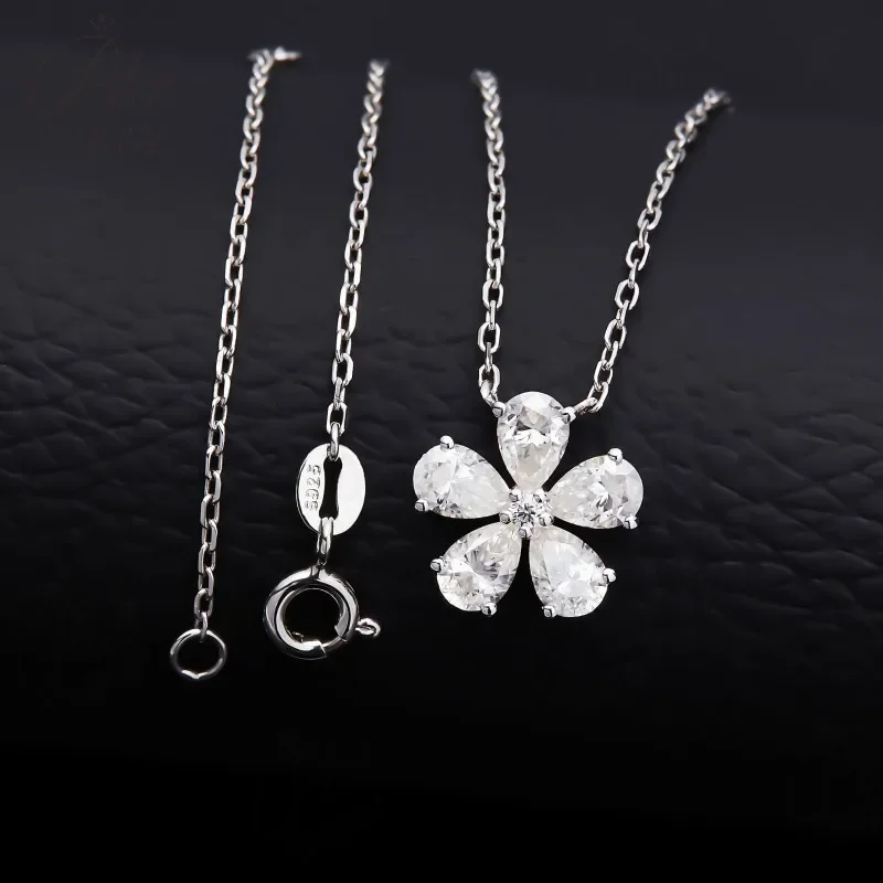 Halskette mit Fünfblättrigem Blumen-Anhänger, Moissanit-Diamant, 925 Sterling Silber Kette, Schmuck für Damen, Hypoallergen, Jubiläumsgeschenk – Detail 15