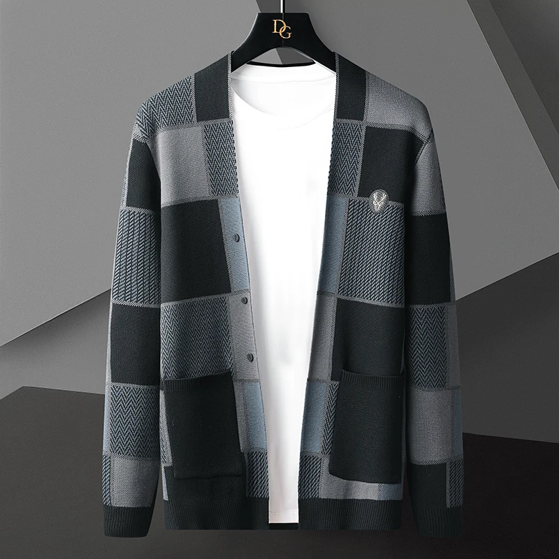 Mens Autumn Winter Plaid Cardigan Coats Mens Casual Slim Cotton Long Sleeve V-Neck Knitted Sweater High Quality Sweater Jackets