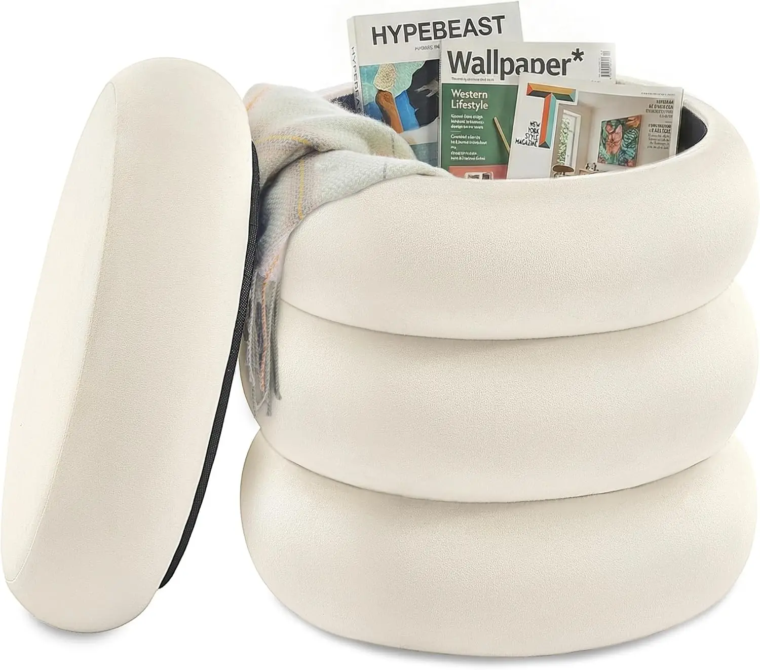 

Круглый бархатный пуф-оттоманка с отсеком для хранения, со съемной крышкой, для гостиной и спальни, простая сборка, кремово-белый, 16.9x16.9x18.5 дюймов