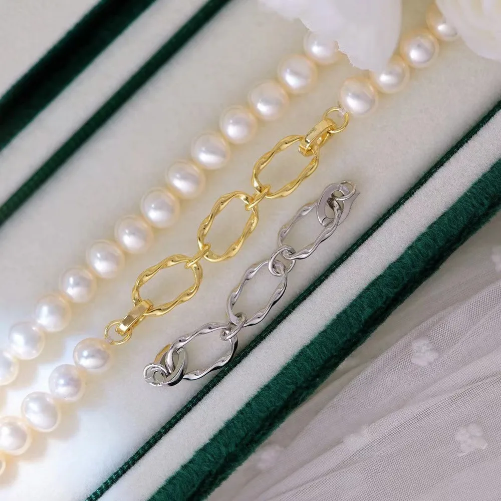 

DIY Pearl Accessories S925 Sterling Silver Single Row Pearl Necklace Buckle Accessories Gold and Silver Bracelet Beaded Buckle