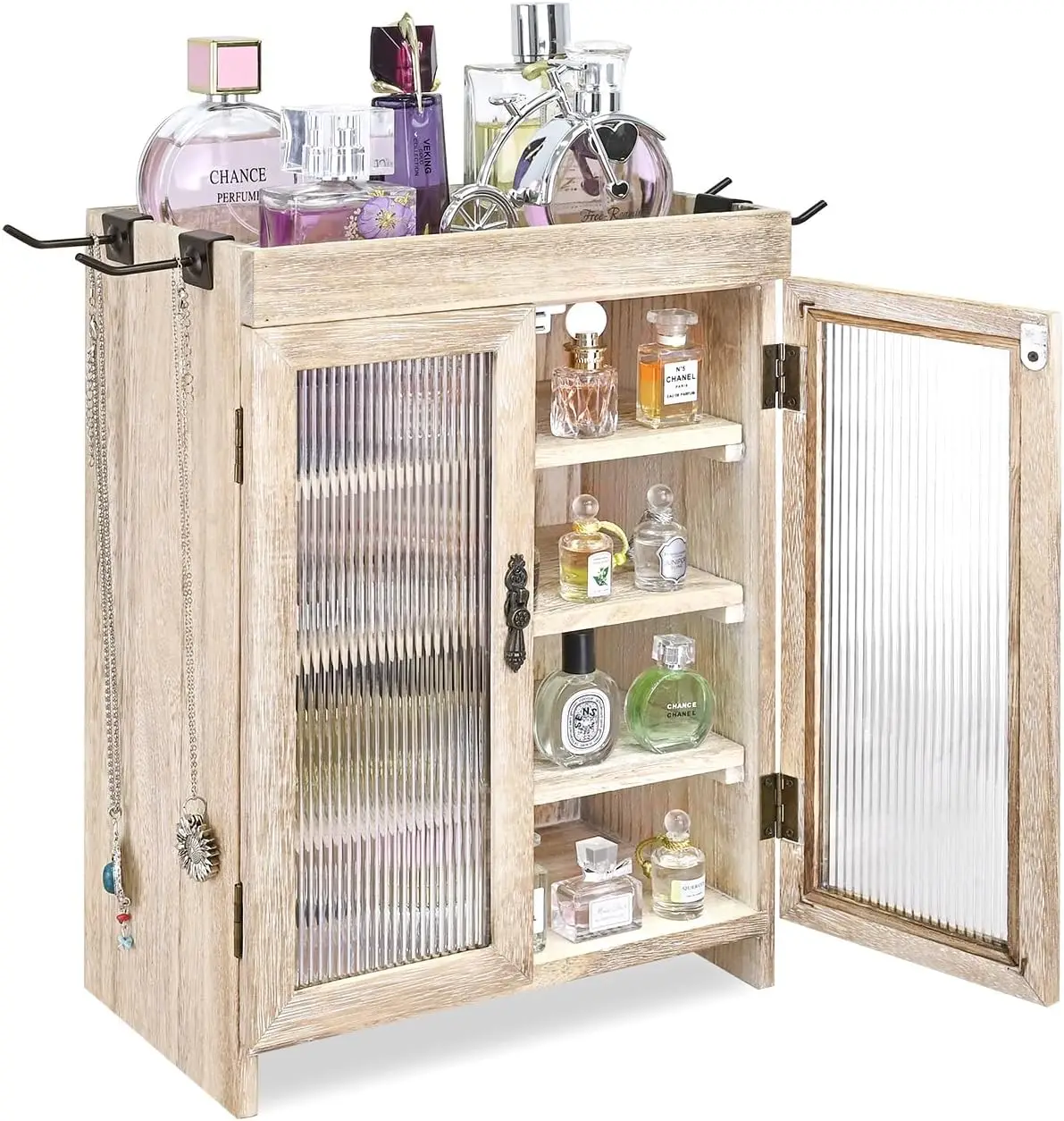 

Wooden Countertop Storage Cabinet With Wavy Magnetic Door, Adjustable Shelves, Removable Hooks. Perfect For Perfume,
