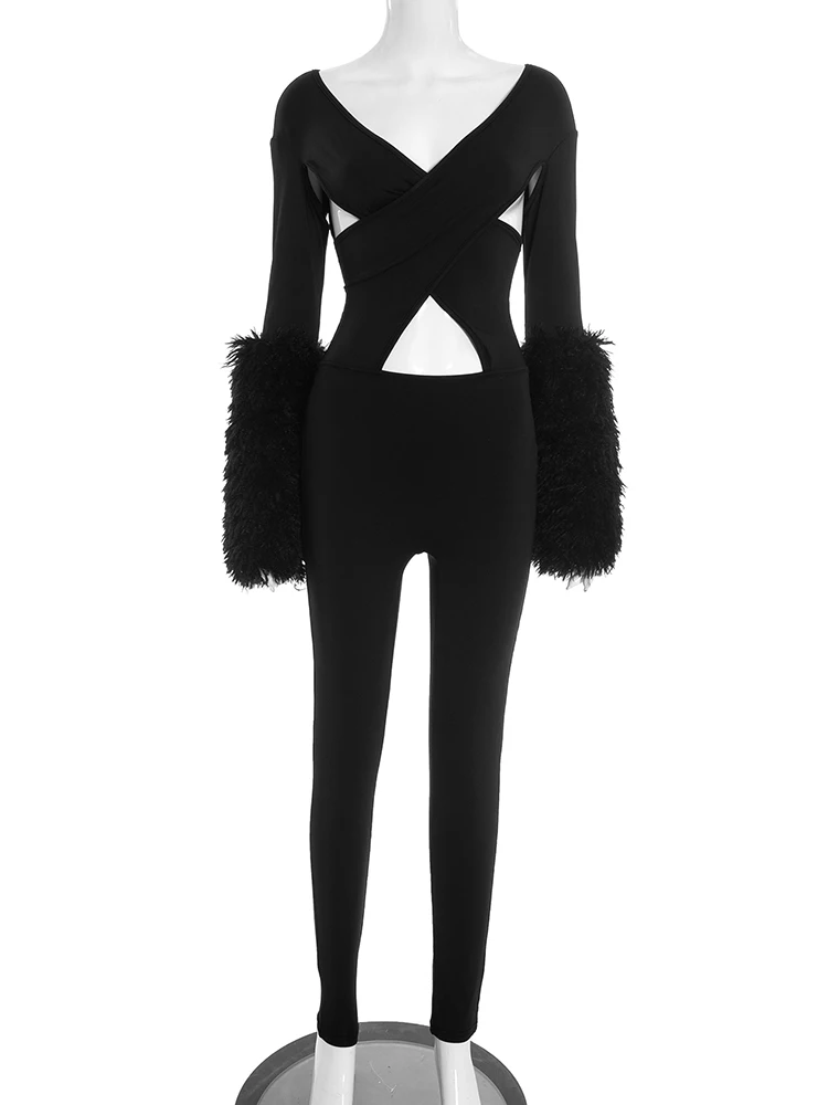 Kombinezon Nibber Furry Patchwork Damski, seksowny, z wycięciami, krzyżowany, z głębokim dekoltem, długie rękawy, dopasowany, podkreślający biodra, na imprezę w klubie nocnym.