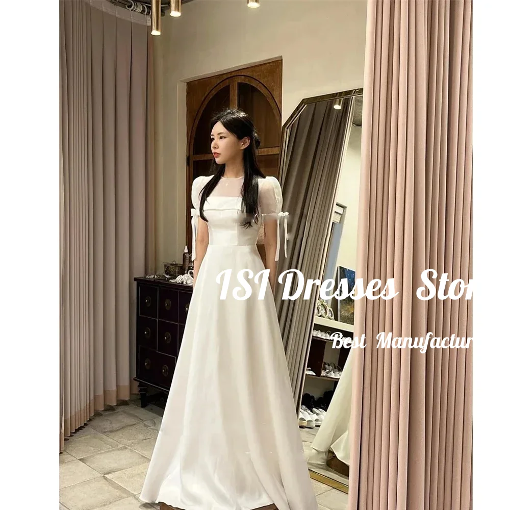ISI Korea Wedding Dresses Simple A-Line Short Sleeves O-Neck Bridal Gown Floor Length for Bride Photo shoot Reception Dress