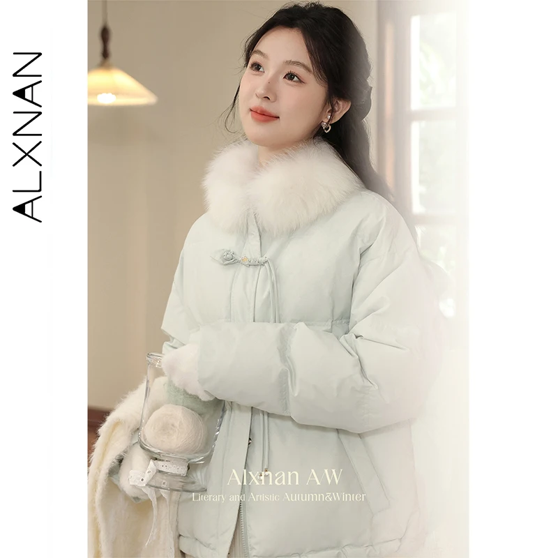 ALXNAN Damen-Winter-Daunenjacke, Bohnengrün, schick, Knopf-Pelzkragen, verdickt, kurze Daunenjacken, 90°, weiße Ente, weiblicher Mantel L51651