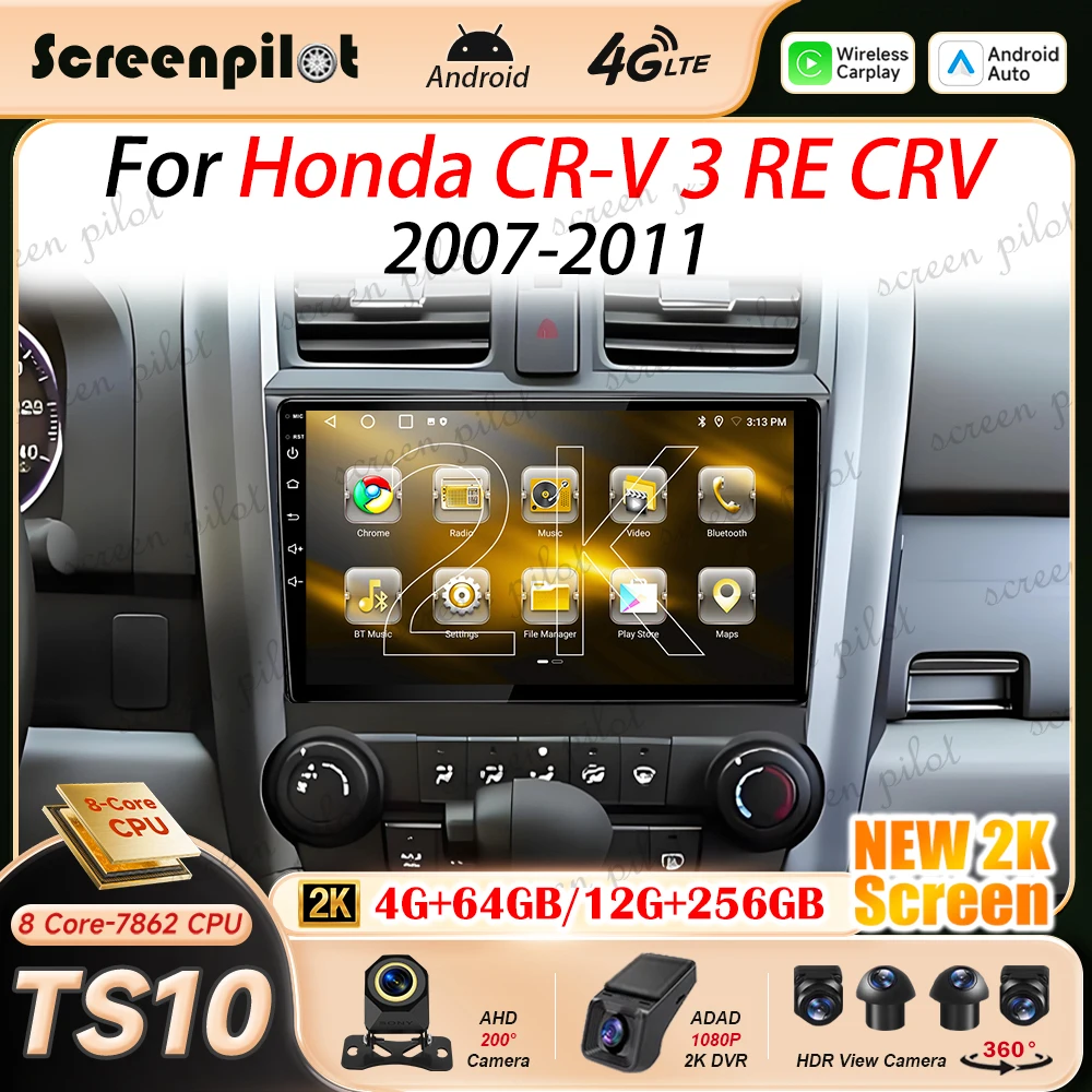 Android 16 Car Radio Stereo For Honda CR-V 3 RE CRV 2007 2008 2009 2010 2011 2K QLED Multimidia Player GPS Carplay Android Auto
