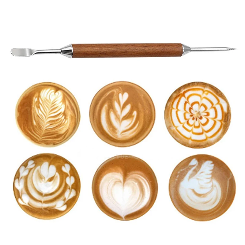 Stainless Steel Coffee Decorating Art Pen Wooden Handle Pull Flower Needle Barista Tool Coffee Accessories