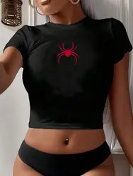 Summer Women's Crop Tops Simple Red Spider Printing Streetwear Comfortable O-Neck Soft Short Sleeve Sexy Club Female Clothes