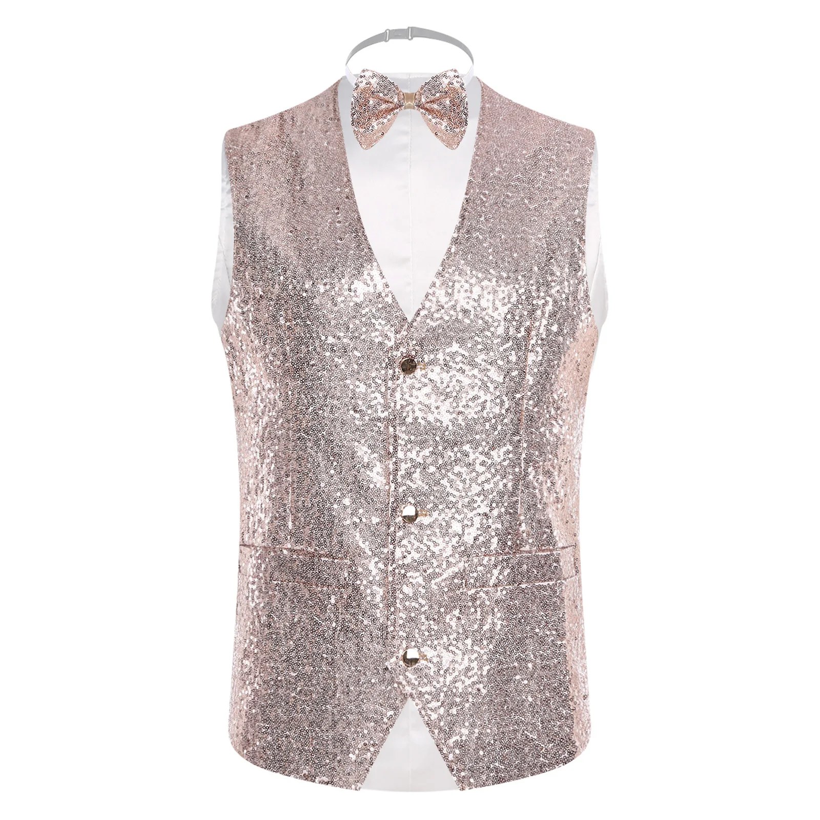 

Mens Elegant 70s Disco Shiny Vest V Neck Sleeveless Pointed Hem Button-down Waistcoat with Bow Tie Party Gentleman Blazer Vest