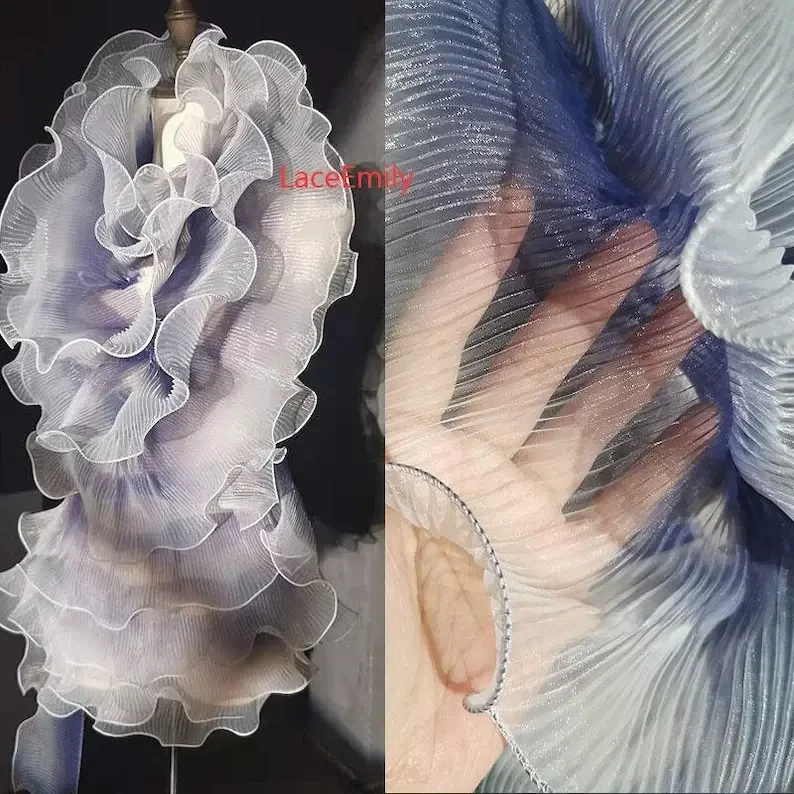 gradient gold Pleated Organza Lace Trim gradient purple ruffled Ombre lace Trim for Bridal Wedding Gown,   5.9