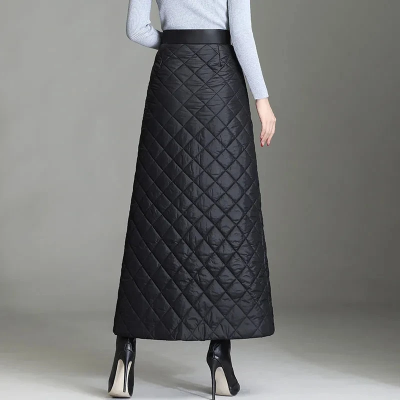Windproof Kneepad Thick Warm Down Cotton Skirts Autumn Winter High Waist Long Skirt Windproof Fashion One-piece Mid-Length Skirt