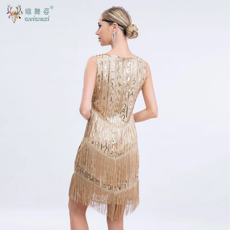 Gaun Lembut dan Melar Leher U Tanpa Lengan Slim Fit Ballroom Gatsby Payet Rumbai Bordir Manik Retro Pesta Koktail Klub Malam