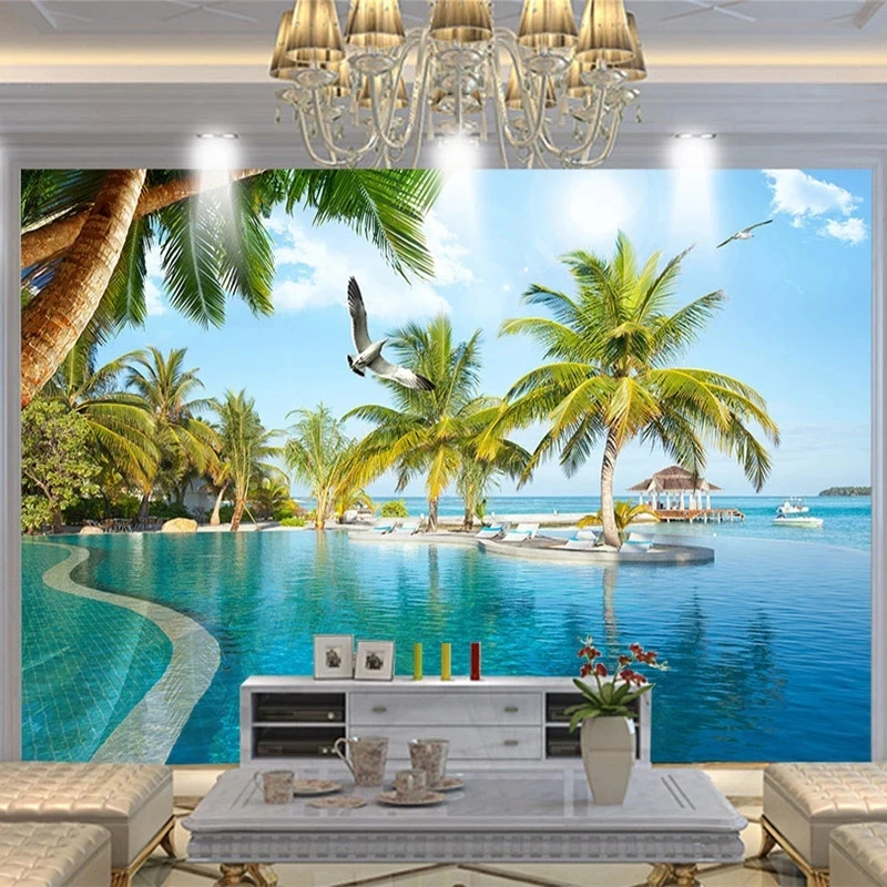 Customized Photo Wallpapers 3D Swimming Pool Seaside Landscape Mural Theme Hotel coconut tree seagull Living room TV background