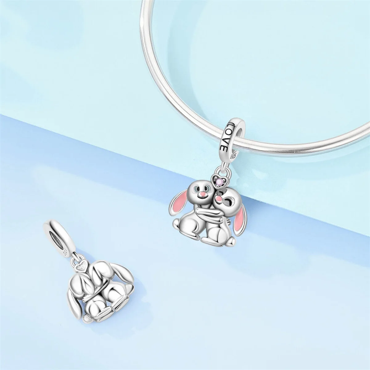925 Sterling Silver Hugging Rabbits Charms Beads Fit Original Bracelets Bag Keychain Earring Pendant Diy Women Jewelry Gift