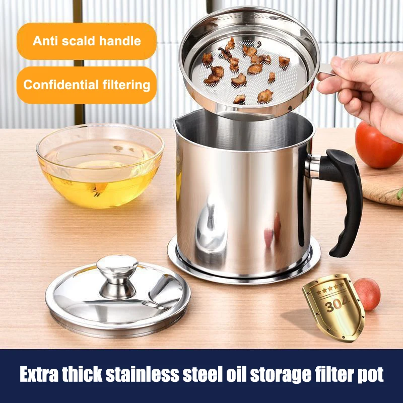 Oil Strainer Pot Fine Mesh Fast Filtering With Lid Stainless Steel Frying Bacon Fat Oil Storage Container Kitchen Supplies