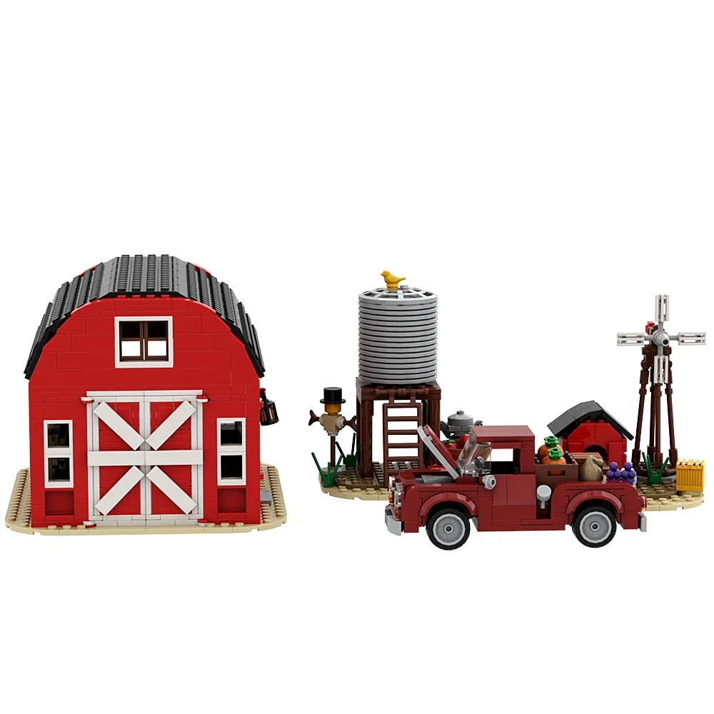 MOC Red Farm Architecture Windmill Farm House Building Blocks Medieval Animal Homeland Farm Cabin Garden Car Bricks Kids Toys