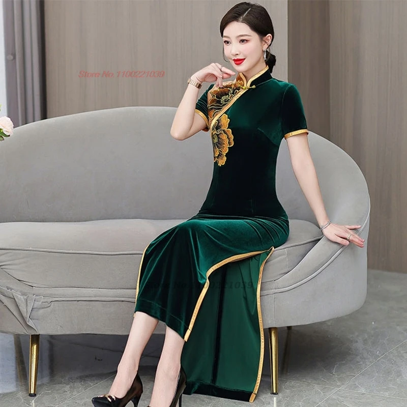 2024, китайское винтажное платье, улучшенное Cheongsam, вечернее платье с цветочной вышивкой, народное бархатное платье Ципао, платье для банкетной вечеринки