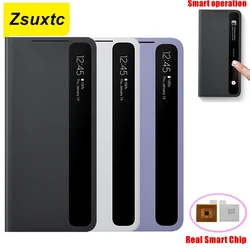 Window View Clear Smart Flip Cover For Samsung Galaxy Note 10 20 S20 S21 Plus + Ultra Real Smart Chip Flip-free Leather Cases
