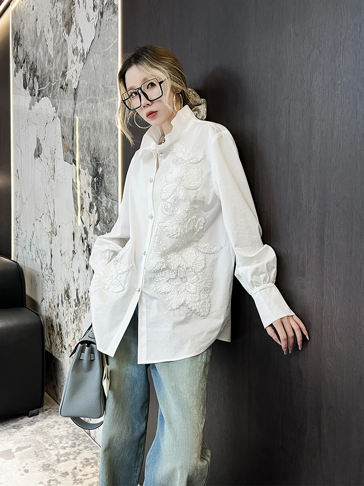 

Women's Loose Long Sve irt Stand Collar Bead Embroidery Pearl Button Casual Faion Spring New Sle European Goods