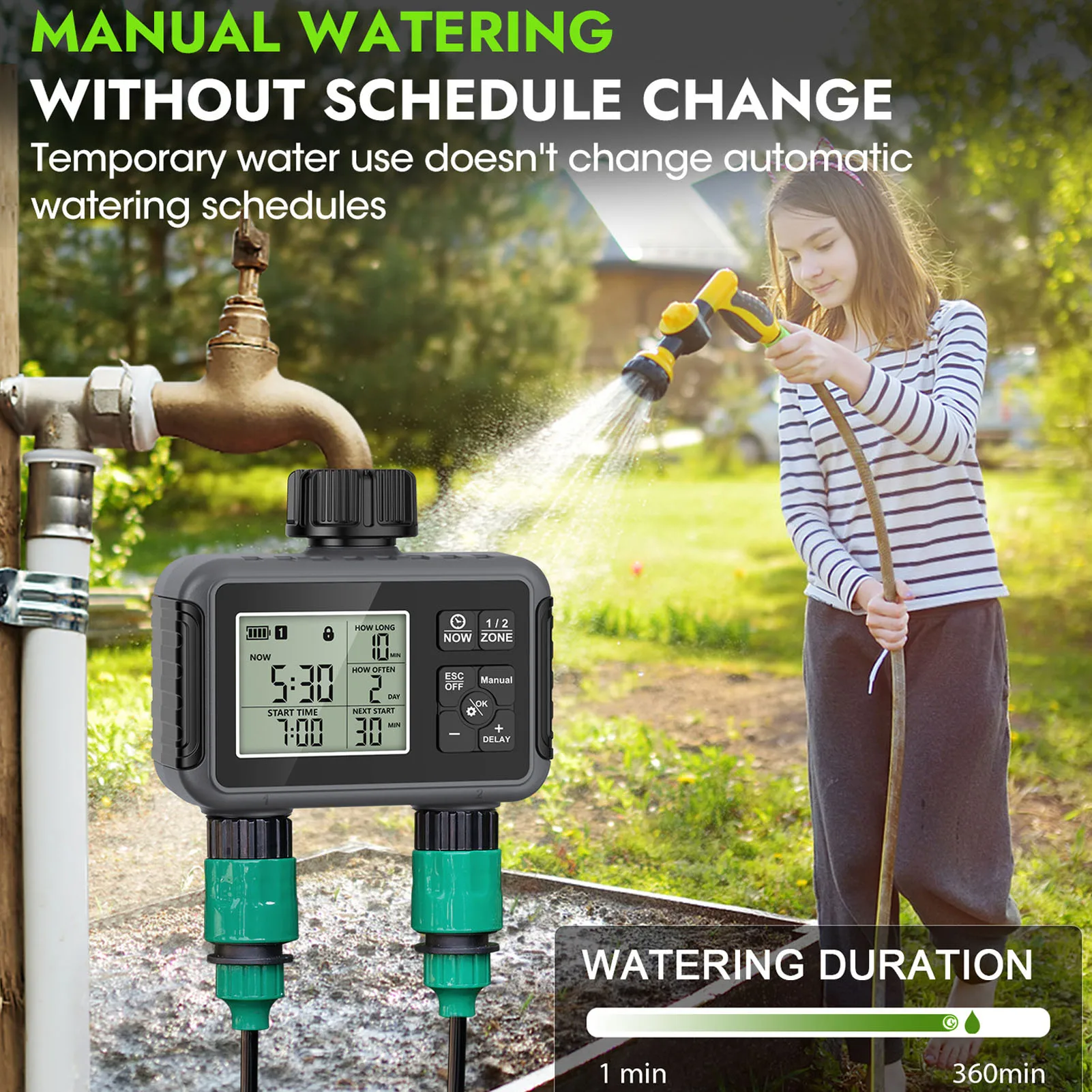 Irrigation Timer Smart Sprinkler Timer Double Outlets Irrigation Timer for Garden Lawn with Rain Delay Automatic Manual Watering