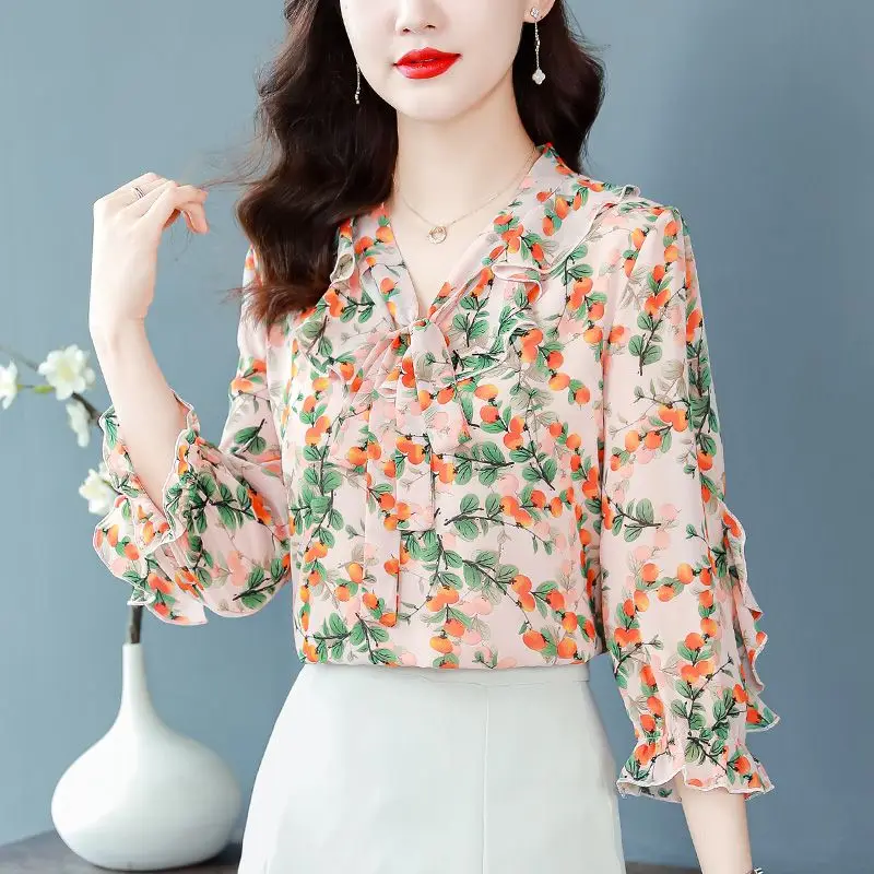 2023 New Summer Elegant Printing Chiffon V-neck 3/4 Sleeve Blouse Ladies Fashion Ruffles Pullover Loose Shirts Women Clothing