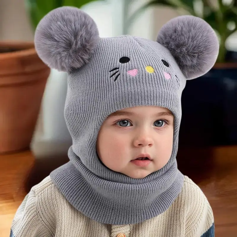 1 tocado de doble pompón con bonito bordado de dibujos animados, tejido para cobertura completa de rostro y cuello, resistencia al viento y al frío