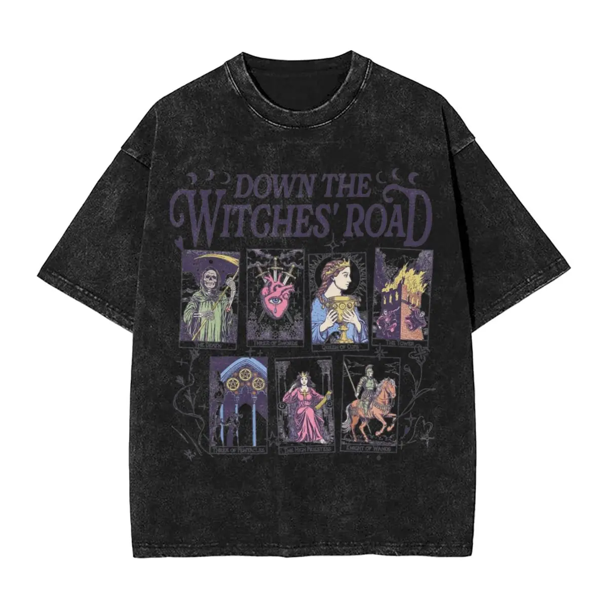 Washed T Shirts Agatha All Along Down The Witches Road Tarot Hip Hop  T-Shirts Short Sleeve Graphic Tops Tops Tees Men Women