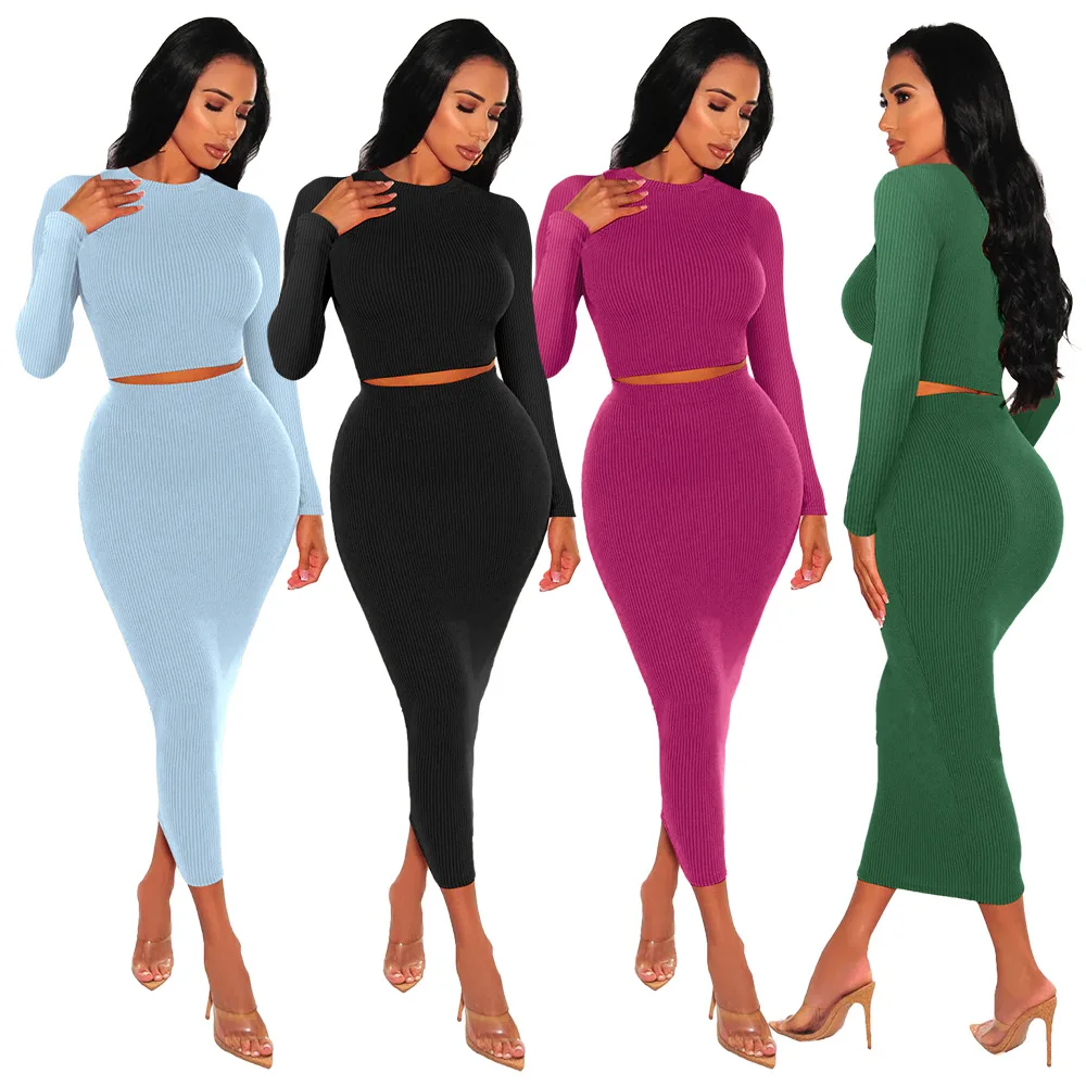 

Women's Knit Crop Top Split Bodycon Long Skirt Y2k 2 Piece Sweater Outfits