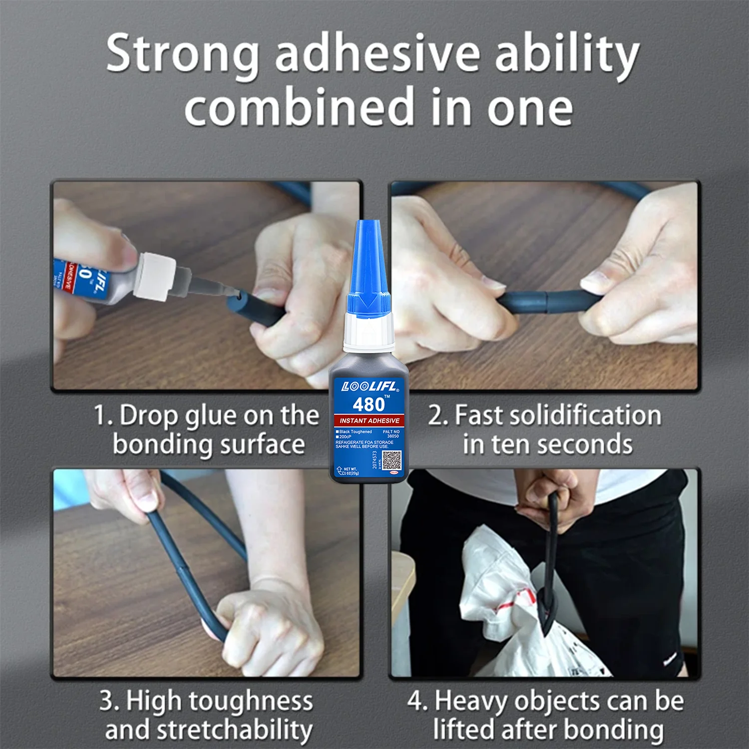 LOOLIFL 5PCS 480 Black Super Glue, Quick-Bondig Adhesive Leather Rubber Wood Metal Strong Liquid Glue,Emergency Repair Adhesive