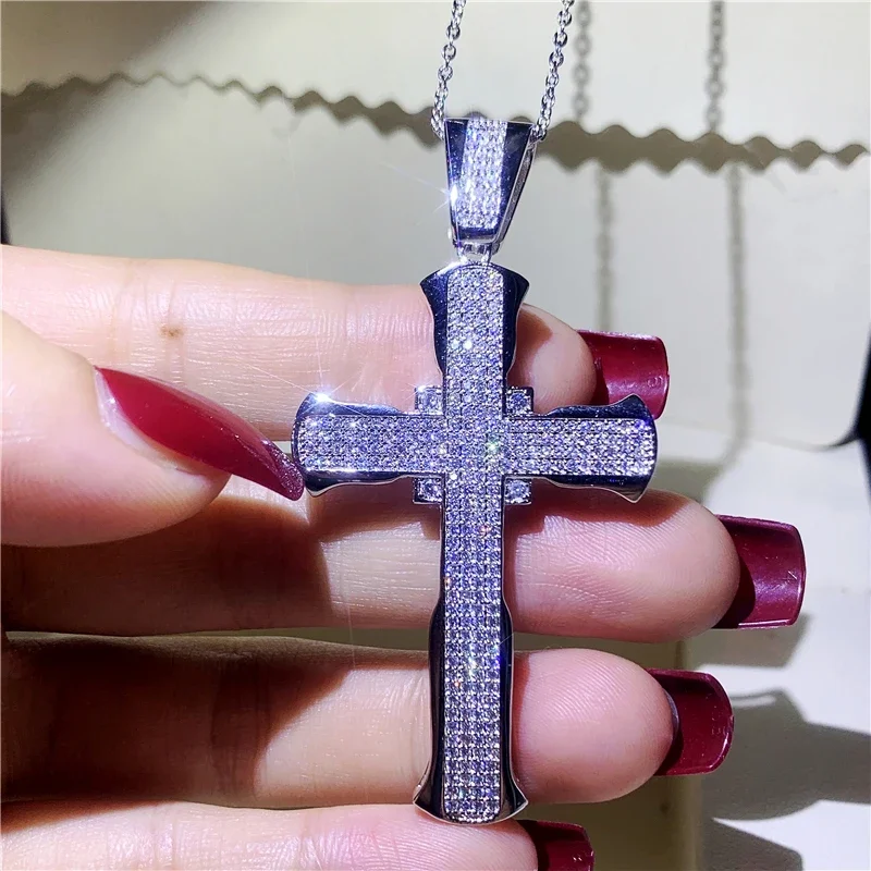 Handmade Big Cross pendant necklace 925 Sterling Silver Diamond Cz Long Party wedding Pendant for women men Luxury Jewelry