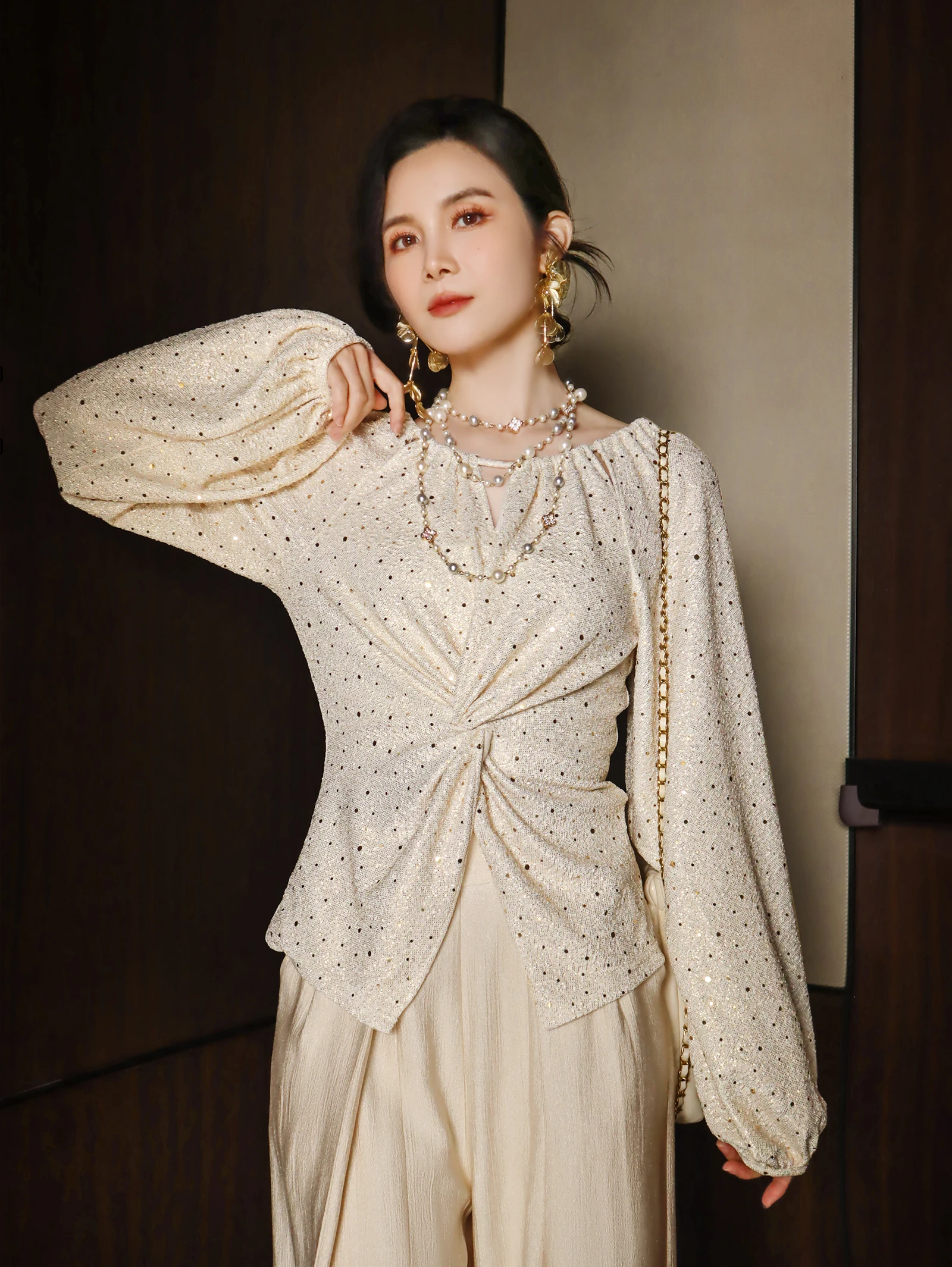 

Женский вязаный топ Ele Long Sve с мягкой эластичной талией, цвета шампань-персик, с жемчужным эффектом, с перекрестными деталями, в французском стиле