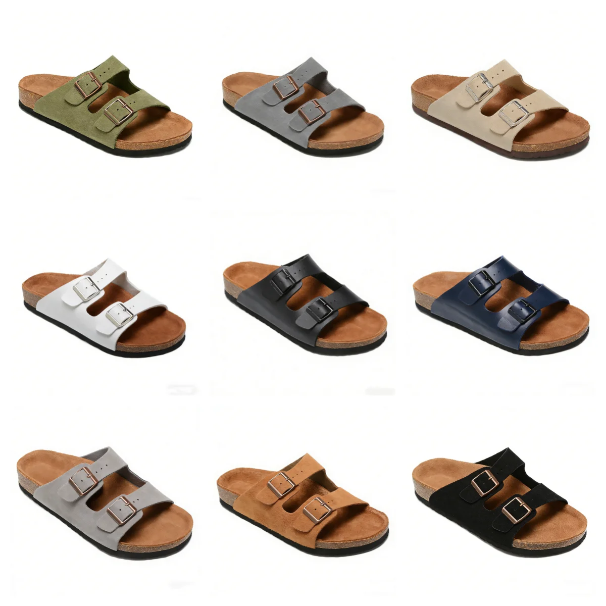 Unisex Klassische Doppelschnallen-Sandalen mit Korkfußbett Rutschfeste Bequeme Freizeitschuhe