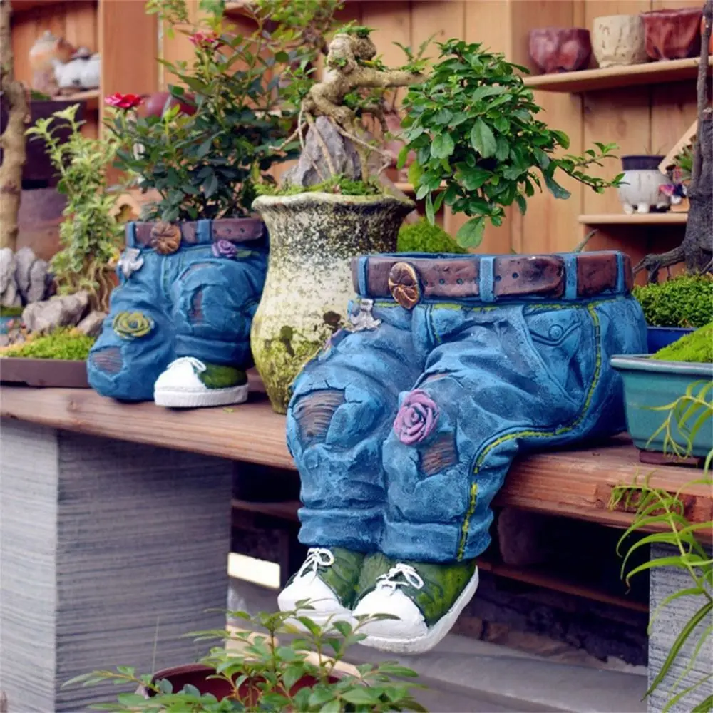 

Resin Plant Pot Bonsai Planter Succulent Flowerpot Ornaments For Office Home Retro Denim Pants Garden Decoration