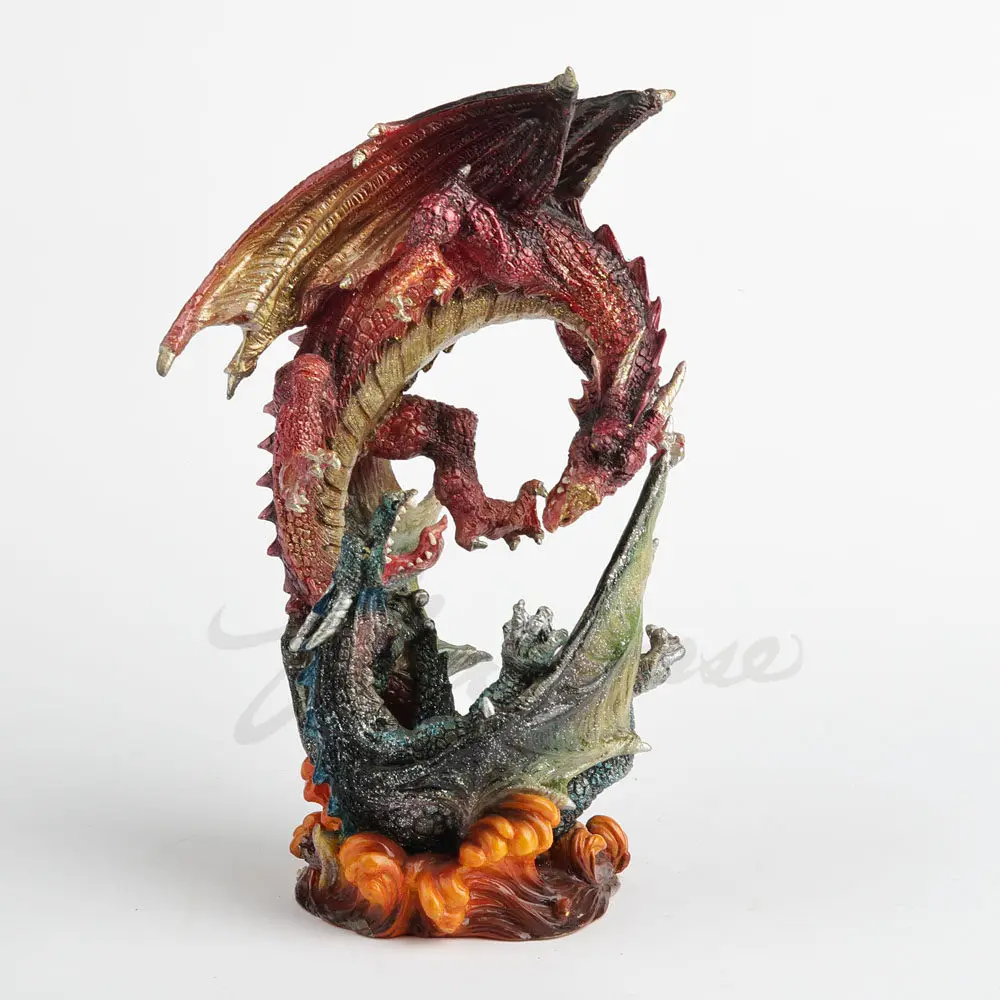 Dueling Fighting Twin Dragons Resin Figurine Fantasy Lava Flame Base Mythical Clashing Winged Dragon Desktop Decorative Ornament