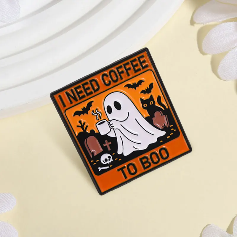 Halloween Cute Ghost Badge I NEED COFFEE TO BOO Enamel Pins Fashion Lapel Metal Brooch Backpack Clothes Jewelry Gift for Friends