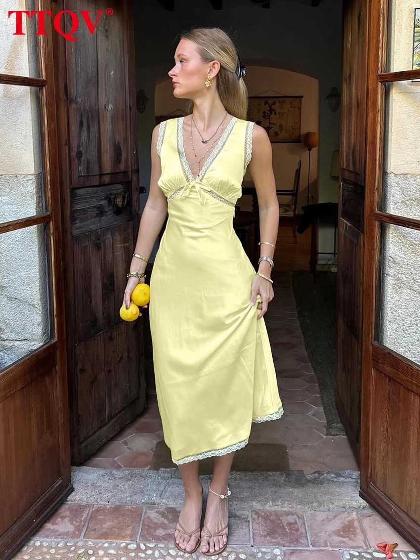 

TTQV Sexy Slim Yellow Satin Women's Dress 2026 Summer V-Neck Sleeveless Midi Dresses Elegant Classic Lace Spliced Female Dress