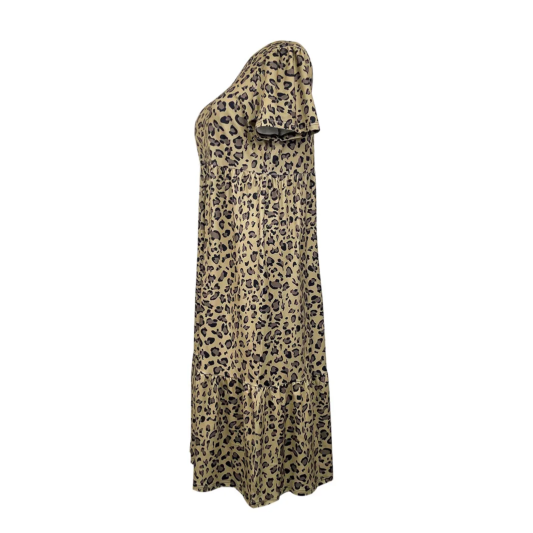 Vestido solto de manga curta com gola V leopardo plus size para mulheres OD-057 Estação Independente